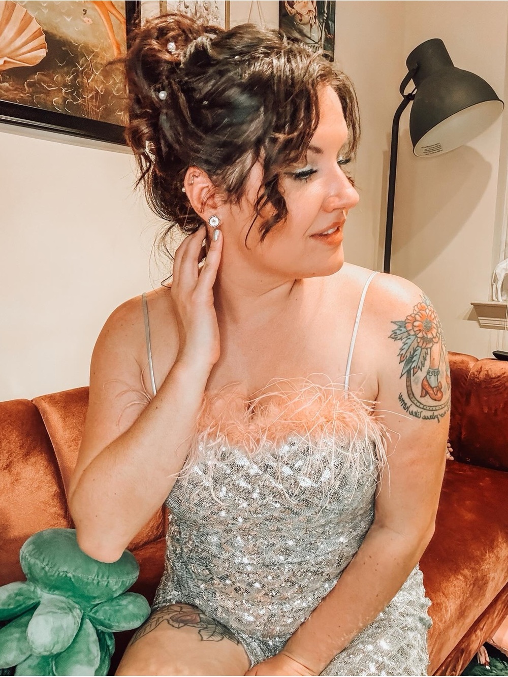 Silver Sequin Gown with Pink Feather Trim and Slit